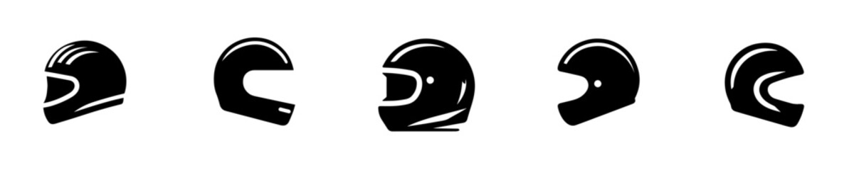 Obraz premium Racing helmet silhouette vectors set. Black motorcycle and motorsport full face helmets icons illustration for logo, app, and design.