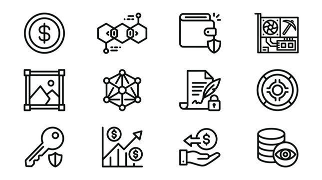 Cryptocurrency and Blockchain Technology Icons: Finance, Security, Mining, and Data