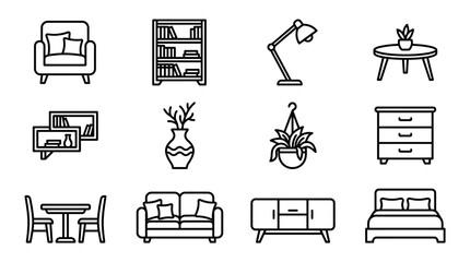 Modern Furniture Icon Set: Sofa, Chair, Bed, Table, Lamp, Shelves, Cabinet, Plant © Kampanggmu