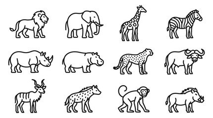 African Safari Animals Collection Line Art Icons Set: Lion, Elephant, Giraffe, Zebra, Rhino © Kampanggmu