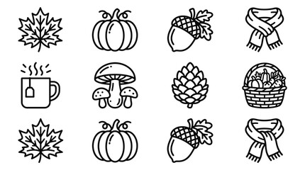 Autumn Icons Set: Maple Leaves, Pumpkins, Acorns, Scarves, Tea, Mushroom, Pinecone © Mas100aja