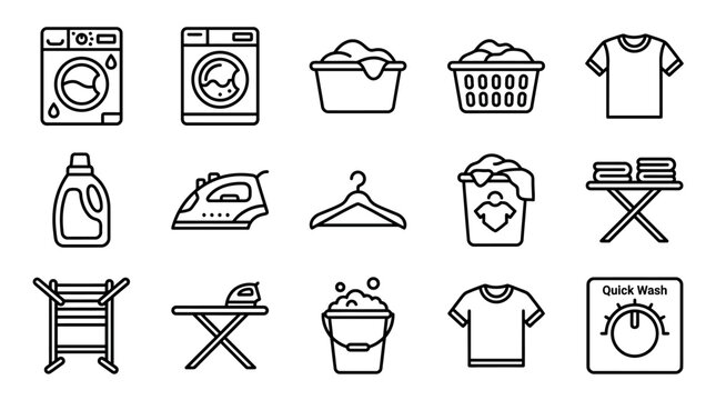 Laundry Icons Set: Washing Machine, Basket, Clothes, Iron, Detergent, Hanger, Drying Rack