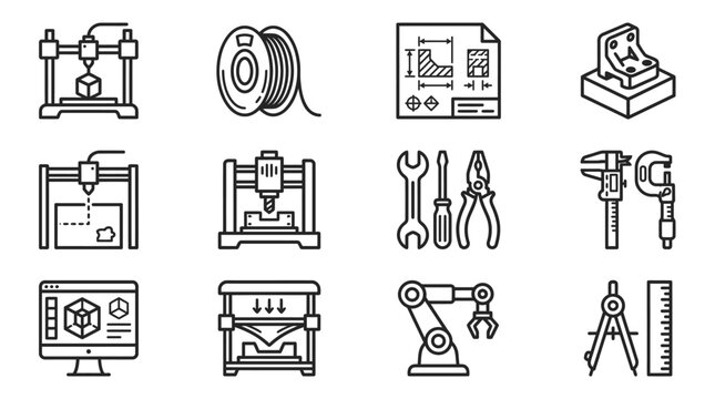 3D Printing Icons: Technology, Engineering, and Manufacturing Concepts