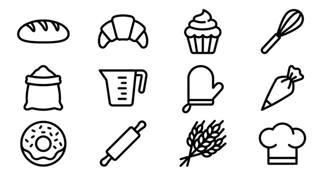 Baking Icons Set: Bread, Croissant, Cupcake, Whisk, Flour, Measuring Cup, Mitten, Piping Bag, Donut, Rolling Pin, Wheat, Chef Hat