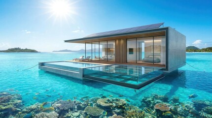 Fototapeta premium Stunning luxury overwater bungalow with infinity pool and glass bottom deck over tropical ocean.