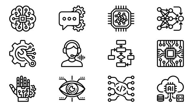 Artificial Intelligence Icons Set: Brain, Chip, Robot, Chatbot, Machine Learning, Vision
