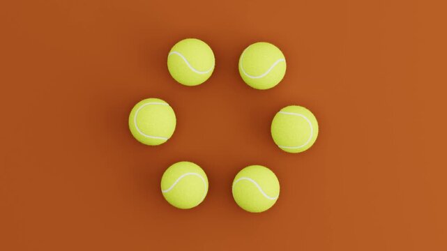 Six Tennis Balls Rolling in Circular Loop on Brown Background. Seamless 3D Render Animation.