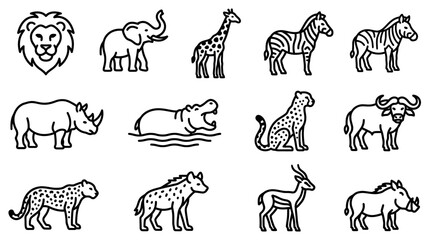 African Safari Animals Line Icons Set: Lion, Elephant, Giraffe, Zebra, Rhino, Hippo, Leopard © Mas100aja
