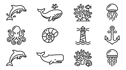 Ocean Life Icons: Dolphin, Whale, Octopus, Jellyfish, Coral, Lighthouse, Anchor, Seashell © masferdi