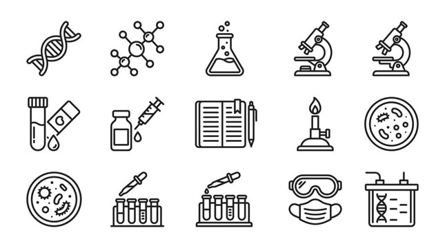 Science Laboratory Icons: DNA, Microscope, Test Tubes, Syringe, Flask, Petri Dish