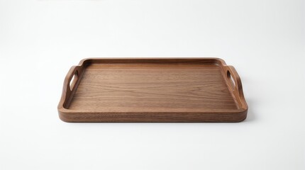 Fototapeta premium Premium Rectangular Dark Wood Serving Tray with Integrated Handles Isolated on White Background for Commercial Mockup