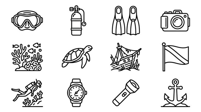 Scuba Diving Icons Set: Mask, Tank, Fins, Camera, Turtle, Wreck, Flag, Diver, Watch, Torch, Anchor