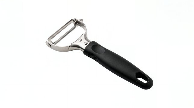 Professional Stainless Steel Vegetable Peeler with Ergonomic Black Handle Isolated on White Background
