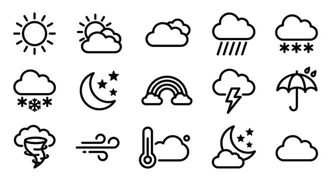 Weather Icons Collection: Sun, Rain, Snow, Clouds, Moon, Rainbow, Storm, Tornado, Wind, Thermometer