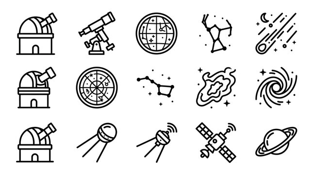 Astronomy icons: observatory, telescope, planet, galaxy, constellation, satellite, comet