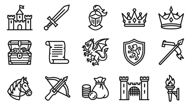 Medieval Fantasy Icons: Castle, Sword, Crown, Dragon, Treasure Chest, Knight Helmet, Shield