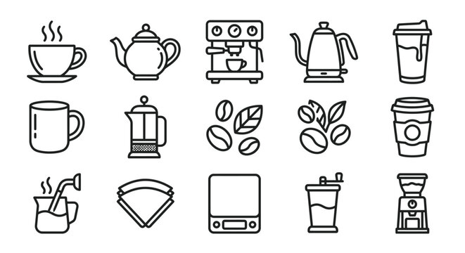 Coffee Icons Set: Brewing Equipment, Beans, Cups & More - Line Art Collection