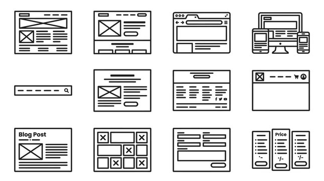 Web Design Wireframe Icons: UI UX Layouts, Browser Windows, Responsive Devices, Search Bar