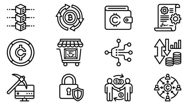 Cryptocurrency Icons Set: Blockchain, Mining, Wallet, Exchange, Security, Shopping