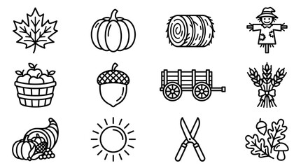 Autumn Icons Collection: Fall Harvest Symbols - Pumpkin, Hay Bale, Scarecrow, Acorn © Musani