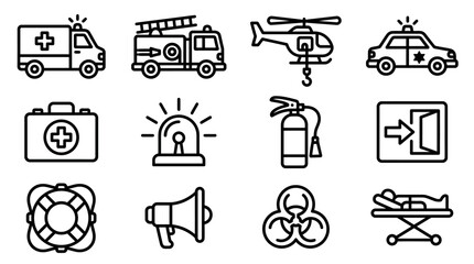Emergency Services Icons: Ambulance, Fire Truck, Helicopter, Police Car, First Aid, Siren, Fire Extinguisher, Exit © Musani