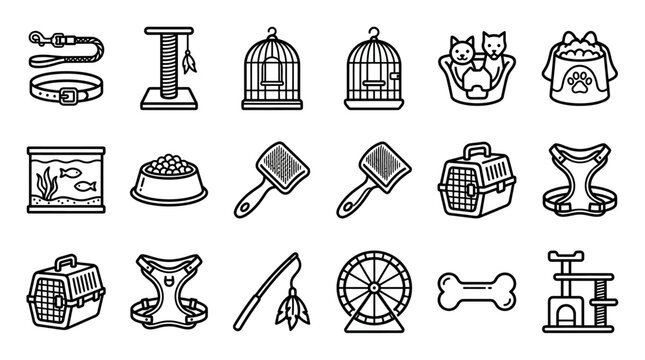 Collection of Pet Accessories Icons: Cats, Dogs, Hamsters, Fish, Birds - Line Art