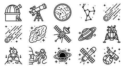 Space Exploration Icons: Astronomy, Planets, Astronauts, Satellites, and Comets Collection © nenekmoyang