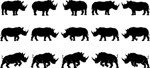 Black rhinoceros silhouette vector set, safari animal icons, mammal collection, African wildlife symbols, horned animal isolated on white background art © Ahsan