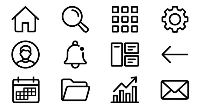 Collection of modern line icons for web and mobile apps: home, search, menu, settings, user, notification, files, back, calendar, folder, chart, email.