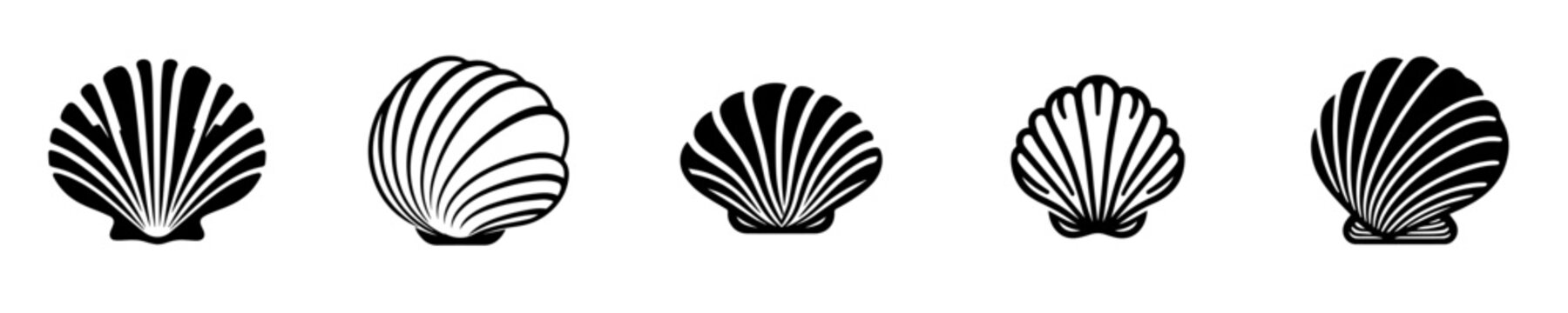 Seashell silhouette vectors set. Black and white scallop and clam shells flat icons for logo, summer, beach, and design.
