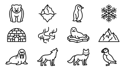 Arctic Animals and Icons Collection: Polar Bear, Penguin, Seal, Wolf, Fox, Walrus, Puffin © Musani