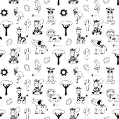 Obraz premium Cute baby animals vector doodle hand drawn pattern illustrations. Baby and kids whimsical design. Safari animals in black color print. Vintage charming print for wrapping paper, wallpaper and fabric