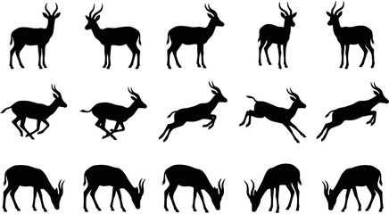 Black antelope silhouette vector set, wildlife icons, running jumping grazing safari animals, gazelle collection, horned mammal nature isolated graphics elements.  © Ahsan