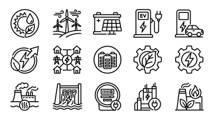 Renewable Energy Icons: Solar, Wind, Hydro, EV Charging, Battery, Green Power © Musani