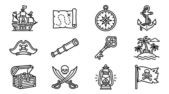 Pirate Icons Collection: Ship, Map, Compass, Anchor, Hat, Spyglass, Key, Island, Treasure, Swords, Lantern, Flag