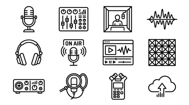 Audio Production Icons Set: Microphone, Mixer, Headphones, Sound Wave, Recorder