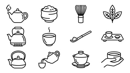 Matcha Tea Ceremony Icons: Whisk, Bowl, Teapot, Cups, Leaves - Japanese Culture © Musani