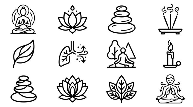 Zen Meditation Icons: Yoga, Lotus, Stones, Incense, Candle, Lungs, Nature