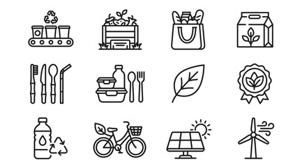 Eco-friendly lifestyle icons: recycling, organic food, reusable items, renewable energy © nenekmoyang
