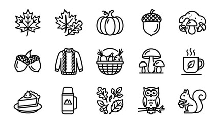 Autumn Icons Set: Leaves, Pumpkin, Acorn, Sweater, Pie, Owl, Squirrel, Hot Drink © nenekmoyang