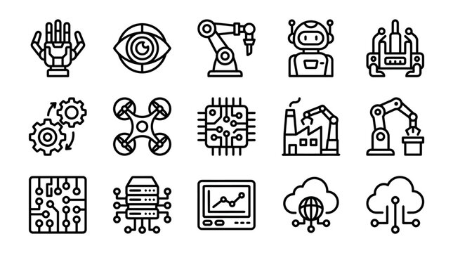 Futuristic Technology Icons: Robotics, AI, Drones, Circuits, Cloud Computing, Industry