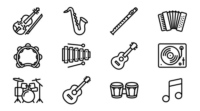 Collection of Musical Instruments Icons - Vector Line Art Set