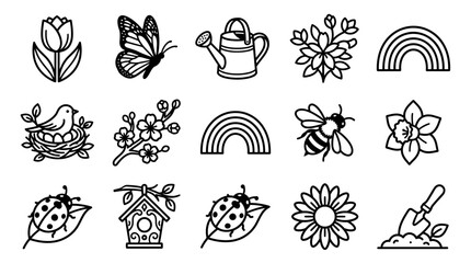 Spring Icons: Tulip, Butterfly, Watering Can, Flowers, Rainbow, Bird, Bee, Ladybug, Sunflower © nenekmoyang