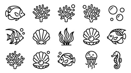 Ocean Life Icons: Fish, Coral, Shells, Seahorse, Jellyfish, Bubbles - Line Art Collection © nenekmoyang
