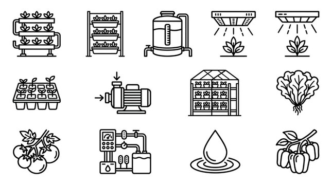 Vertical Farming Icons: Hydroponics, Greenhouse, Irrigation, Plants, Technology