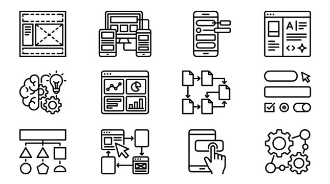 Web Design Icons: UI UX, Wireframing, Flowchart, Development, Analytics, Mobile Apps