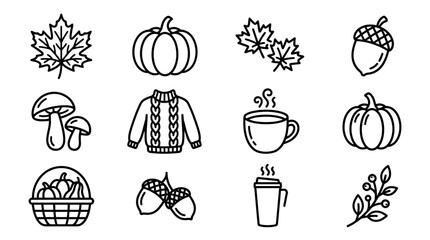 Autumn Icons Set: Maple Leaves, Pumpkins, Acorns, Sweater, Coffee, Mushrooms © Palyerff