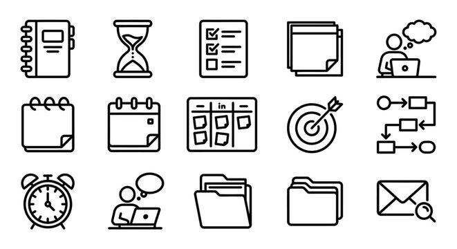 Business planning icons: project management, time, tasks, goals, strategy, workflow, calendar, notes