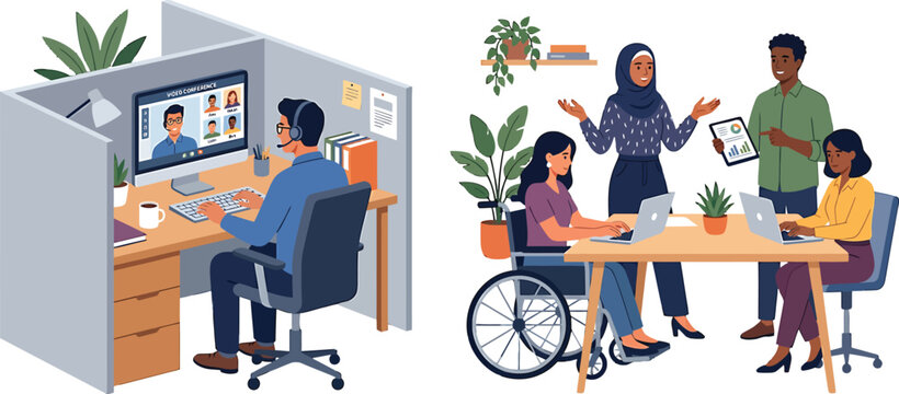 Diverse employees working in modern office environment with remote video conferencing and collaborative team meeting vector illustration