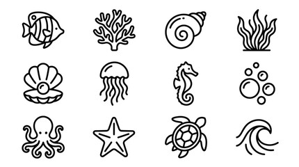 Ocean Life Icons Set: Fish, Shell, Coral, Seahorse, Turtle, Jellyfish, Starfish, Octopus © Palyerff